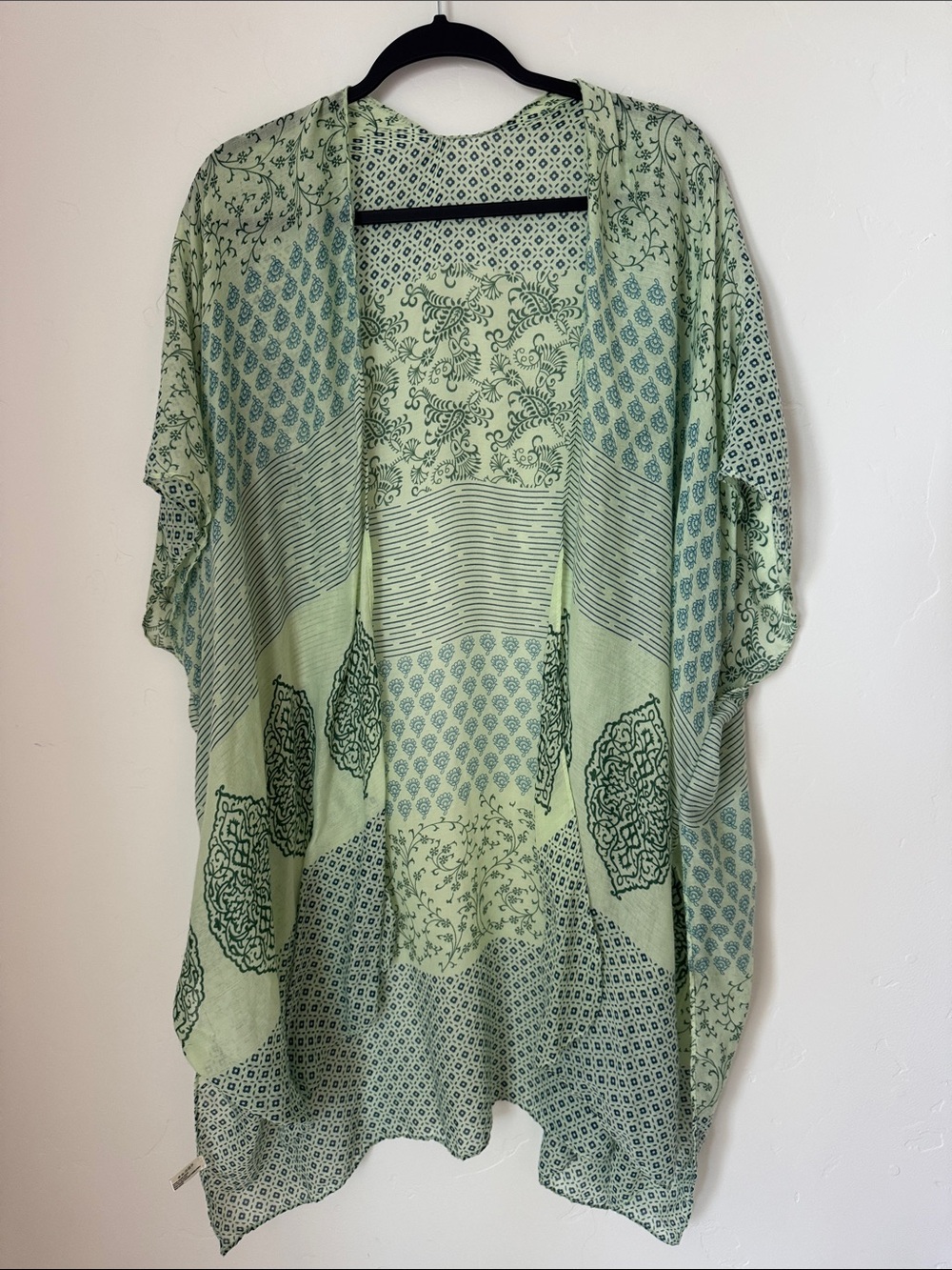 Mint Green Boho Patchwork Kimono Cardigan Lightweight Open Front Cover Up OS